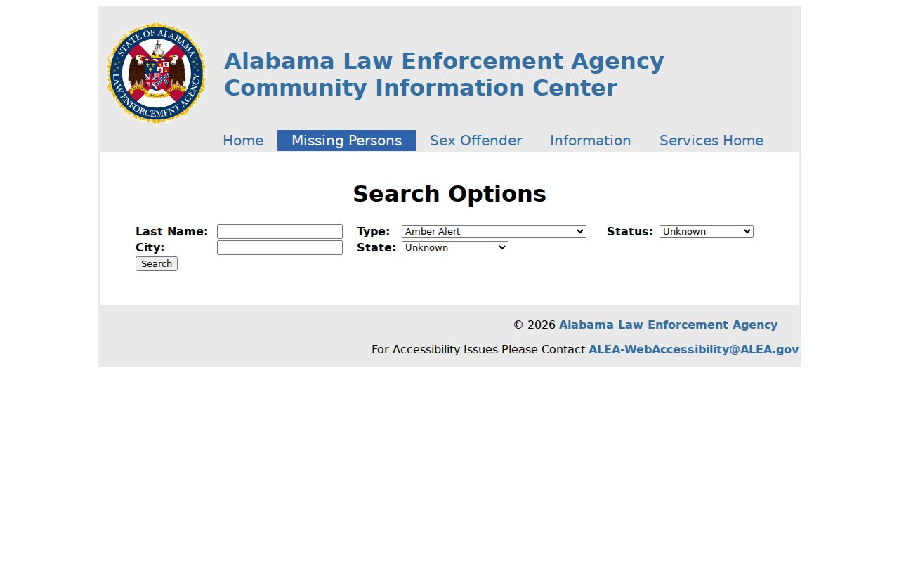 Russell County warrant lookup showing blank ALEA fugitive search fields