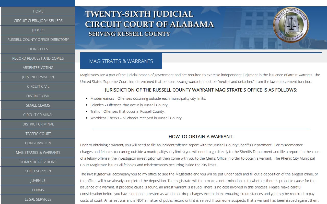Russell County warrant records jurisdiction and in-person confirmation instructions